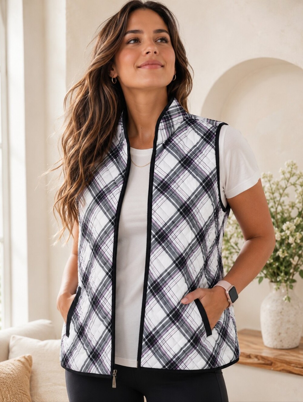 Karen Scott Sport Quilted Plaid Puffer Vest 3X Pink Black White Preppy